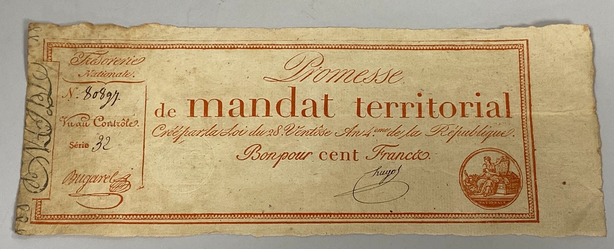 French Revolutionary banknotes, three Mandat Territorial Cent Francs No. 80896-80898, Series 32, 'Promesse De Mandat Territorial', one embossed stamp (3)